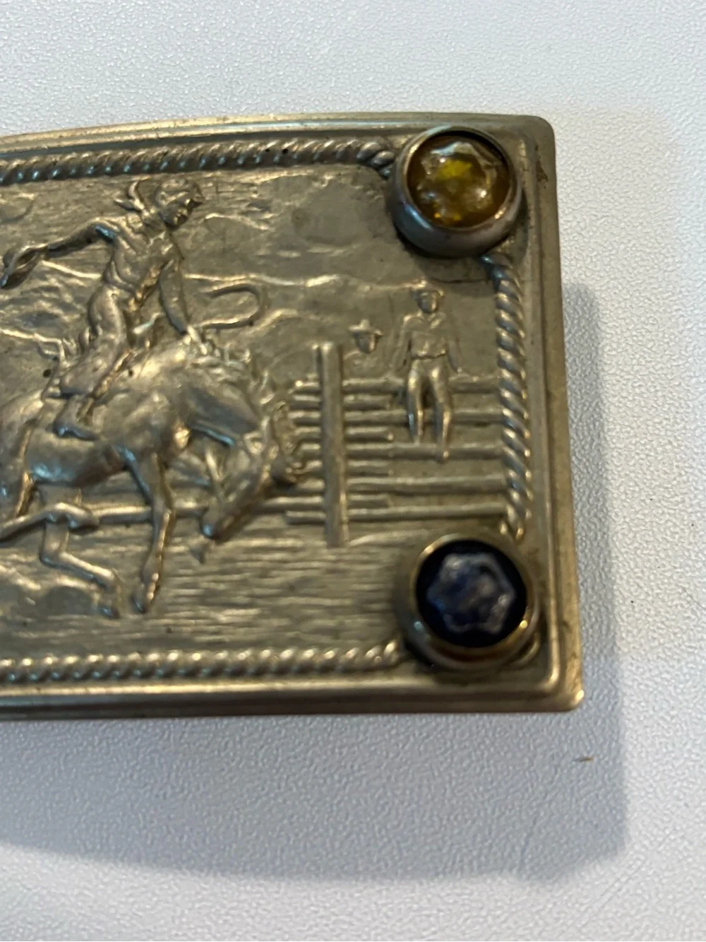 Vintage Western Motif Belt Buckle with Multicolor Stones 1940s? Cowboy